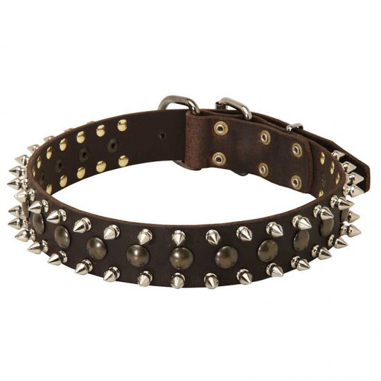 Adjustable 3 Rows Leather Spiked and Studded Dog Collar - Click Image to Close
