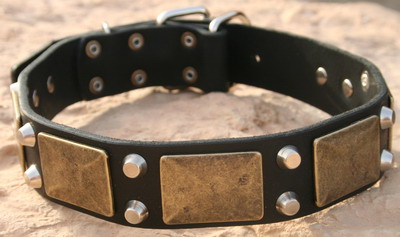 Adjustable Handmade Leather Dog Collar- brass massive + 2 pyramids