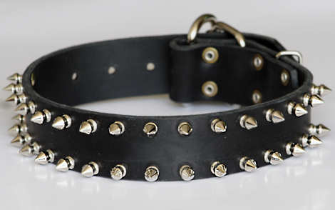 Adjustable Leather spiked dog colla r- 2 Rows of spikes-collar