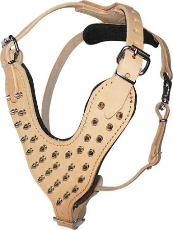 Adjustable Spiked Leather Dog Harness - Tan Color PADDED SPIKED HARNESS